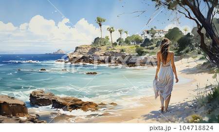 南国の青い空の下、美しい浜辺を歩く若い女性：水彩画