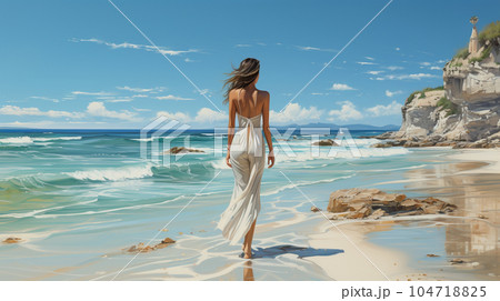 南国の青い空の下、美しい浜辺を歩く若い女性：水彩画