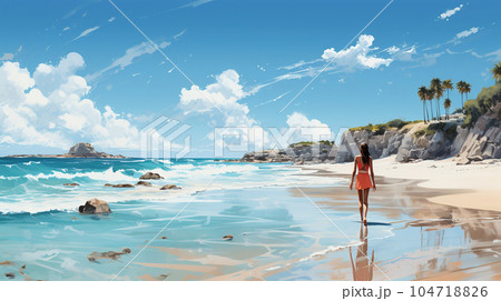 南国の青い空の下、美しい浜辺を歩く若い女性：水彩画