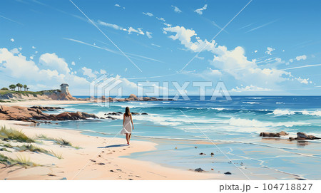 南国の青い空の下、美しい浜辺を歩く若い女性：水彩画