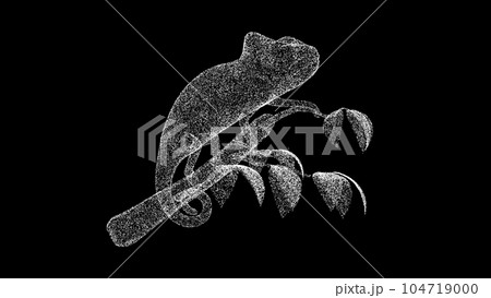3D chameleon on black background. Object made of shimmering particles. Wild animals concept. Protection of the environment. For title, text, presentation. 3d animation. 104719000