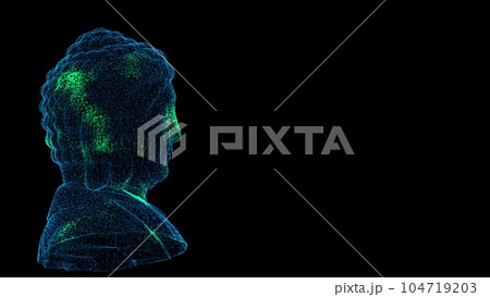 3D Buddha on black bg. Religious Divine concept. Peace and mindfullness symbol. Buddhism and meditation. For title, text, presentation. Shimmering particles. 3d animation. 104719203