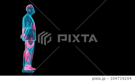 3D figure of a surgeon Scan on black bg. Surgeon with hands folded behind. HUD surgeon analyze. Scientific medical concept. For title, text, presentation. 3d animation. 3D figure of a surgeon Scan on black bg. Surgeon with hands folded behind. HUD surgeon analyze. Scientific medical concept. For title, text, presentation. 3d animation. 104719204