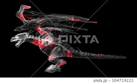 3D dragon on black background. Object made of shimmering particles. A fabulous fantasy concept. For title, text, presentation. 3d animation. 3D dragon on black background. Object made of shimmering particles. A fabulous fantasy concept. For title, text, presentation. 3d animation. 104719222