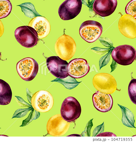 Various passion fruits on leaf watercolor seamless pattern isolated on green. Purple tropical whole, sliced maracuja hand drawn. Design for wrapping, package, textile, background, paper, tableware Various passion fruits on leaf watercolor seamless pattern isolated on green. Purple tropical whole, sliced maracuja hand drawn. Design for wrapping, package, textile, background, paper, tableware 104719355