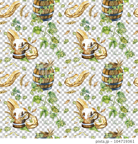 Wooden beer barrel and hop vine, wheat ear watercolor seamless pattern isolated on white. Splash beer, wooden mug, humulus hand drawn. Design element for beer packaging, background, brewing, package 104719361