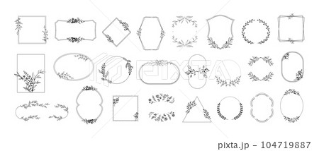 Floral frames. Minimalist shapes border designs with blooming flowers, hand drawn leaves and sketch branch ornaments vector template set Floral frames. Minimalist shapes border designs with blooming flowers, hand drawn leaves and sketch branch ornaments vector template set 104719887