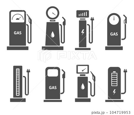 Car refueling station icons. Gas and petrol pump, electric vehicle charger and fuel refilling pictogram symbol vector set 104719953