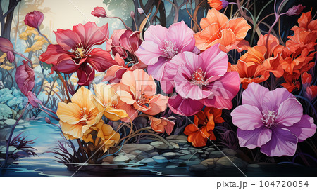 南国の花々が咲き乱れる庭：水彩画