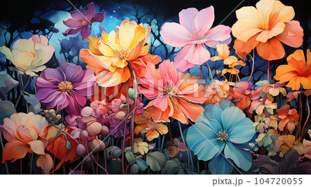 南国の花々が咲き乱れる庭：水彩画