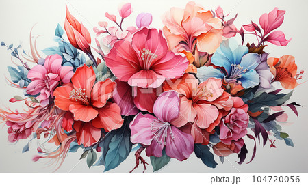 南国の花々が咲き乱れる庭：水彩画