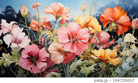 南国の花々が咲き乱れる庭：水彩画