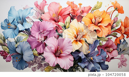 南国の花々が咲き乱れる庭：水彩画