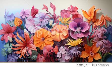南国の花々が咲き乱れる庭：水彩画