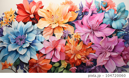 南国の花々が咲き乱れる庭：水彩画