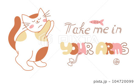 Card with a cute cat that asks for pens and a handwritten inscription. Doodle color vector illustration. Card with a cute cat that asks for pens and a handwritten inscription. Doodle color vector illustration. 104720099