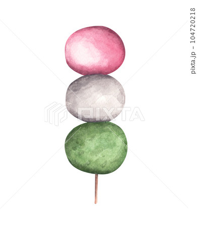 Japanese traditional sweet "DANGO". with 3 different color in pink, white, and green on a stick. Watercolor illustration. Japanese traditional sweet "DANGO". with 3 different color in pink, white, and green on a stick. Watercolor illustration. 104720218