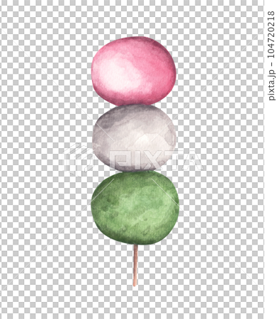 Japanese traditional sweet "DANGO". with 3 different color in pink, white, and green on a stick. Watercolor illustration. Japanese traditional sweet "DANGO". with 3 different color in pink, white, and green on a stick. Watercolor illustration. 104720218