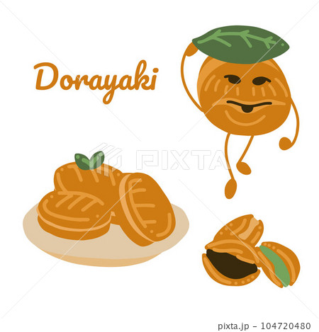 Dorayaki. Whole, pieces and cute character. Vector hand draw cartoon illustration. 104720480