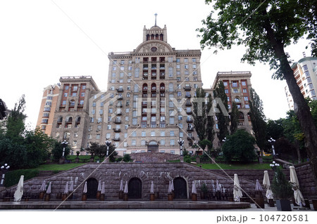 Kiev, Ukraine June 10, 2021: Facade of an old building on Khreshchatyk street in the city of Kiev Kiev, Ukraine June 10, 2021: Facade of an old building on Khreshchatyk street in the city of Kiev 104720581