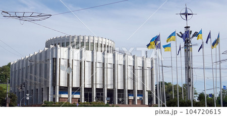 Kiev, Ukraine June 10, 2021: Facade of an old building on Khreshchatyk street in the city of Kiev Kiev, Ukraine June 10, 2021: Facade of an old building on Khreshchatyk street in the city of Kiev 104720615