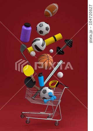 Sport equipment for fitness, gym in shopping cart on red background 104720827