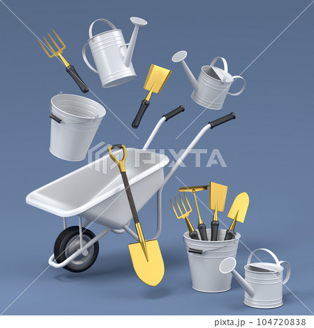 Garden wheelbarrow with garden tools like shovel, rake and fork on grey 104720838