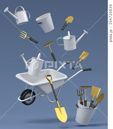 Garden wheelbarrow with garden tools like shovel, rake and fork on grey 104720839