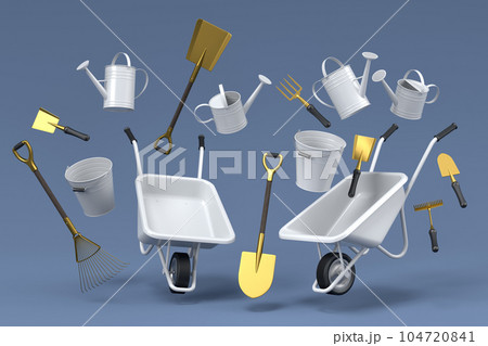 Garden wheelbarrow with garden tools like shovel, rake and fork on grey 104720841