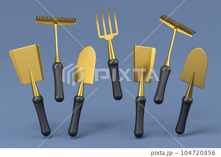 Garden shovel, pitchfork and rake on grey background, summer camping concept 104720856