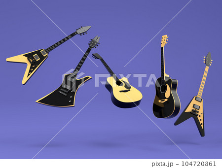 Set of electric acoustic guitars isolated on purple background. 104720861