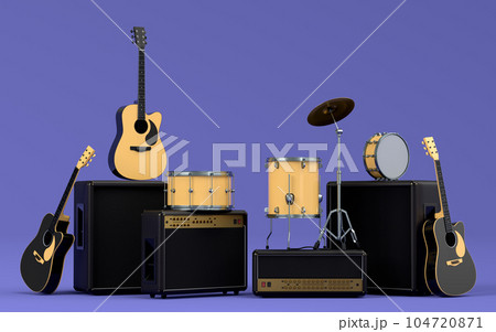 Set of electric acoustic guitars, amplifiers and drums with cymbal on purple 104720871