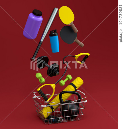 Sport equipment for fitness, gym in shopping basket on red Sport equipment for fitness, gym in shopping basket on red 104720881