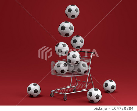 Set of ball like basketball, football and golf in shopping cart on red Set of ball like basketball, football and golf in shopping cart on red 104720884