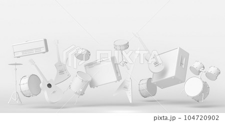 Set of electric acoustic guitars and drums with cymbals on coral background 104720902