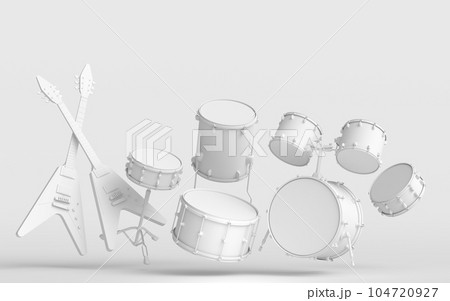 Set of electric acoustic guitars and drums with cymbals on monochrome background 104720927
