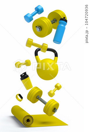 Isometric view of sport equipment like kettlebell, dumbbell and smart watches 104720936