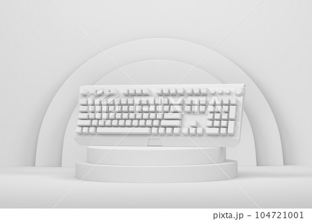 Realistic computer keyboard on cylinder podium with step on monochrome 104721001