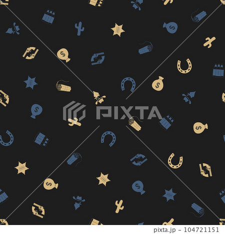 Cowboy freehand drawings seamless pattern. Wild west pattern in doodle style. Hand drawn elements doodles design for wallpapers, wrapping, textile prints, backgrounds. Vector illustration. 104721151