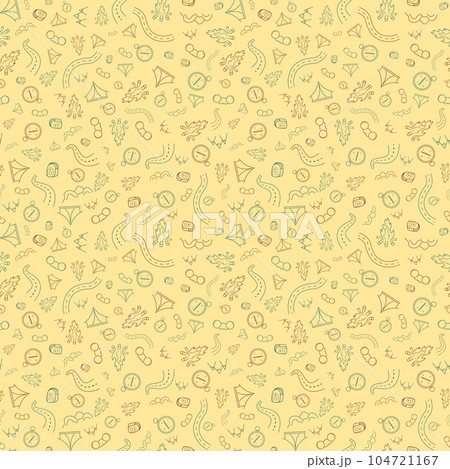 Travel and summer seamless pattern, journey and trip background. Adventure time pattern in hand draw style, vector sketch elements on repeatable pattern. Travel and summer seamless pattern, journey and trip background. Adventure time pattern in hand draw style, vector sketch elements on repeatable pattern. 104721167