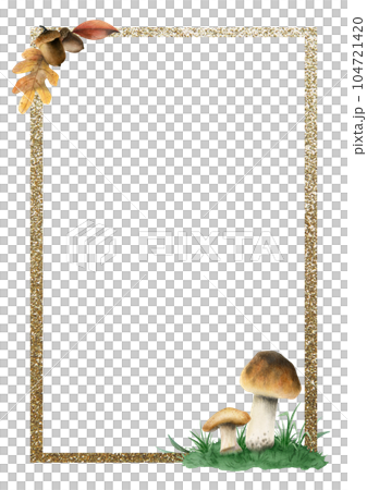 Vertical edible brown mushrooms rectangular frame watercolor illustration isolated on white background. Banner template with copy space for A6 notebook or copybook sheets design 104721420