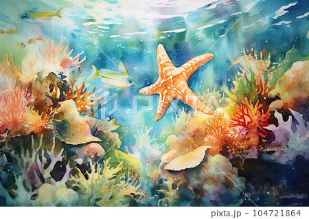 Watercolor painting of sea life. Color corals, starfish, fishes with sun rays in blue seawater. Generated AI. 104721864