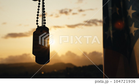 Silhouette of military metallic plate against memorial day american flag Silhouette of military metallic plate against memorial day american flag 104721936