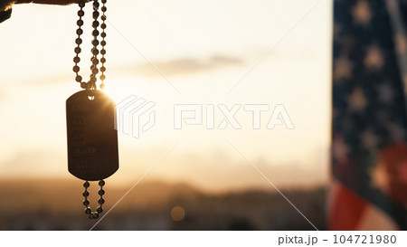 Silhouette of military metallic plate against memorial day american flag Silhouette of military metallic plate against memorial day american flag 104721980