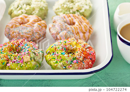 Variety of donuts in a wooden box 104722274