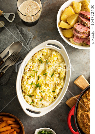 Traditional Irish dinner with corned beef and colcannon 104722430
