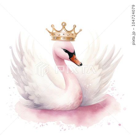 Watercolor swan with crown. Illustration AI Generative 104724079