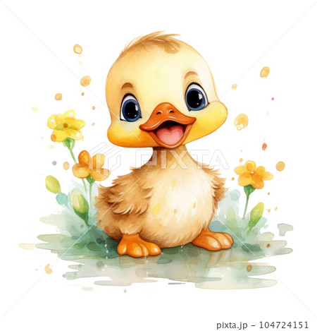 Cute watercolor baby duck. Illustration AI Generative 104724151