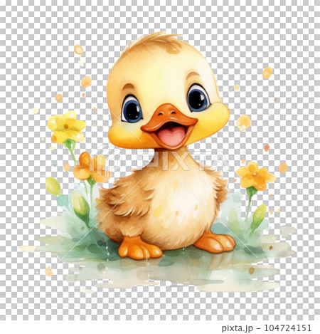 Cute watercolor baby duck. Illustration AI Generative 104724151