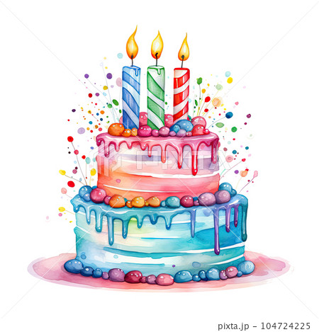 Watercolor Birthday Cake. Illustration AI Generative 104724225